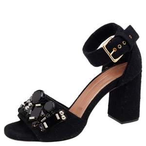 Pre Owned Marni Black Felt Embellished Block Heel Ankle Strap Sandals Size 39