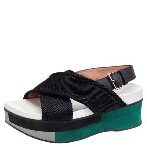 Pre Owned Marni Black Nylon And Leather Wedge Platform Slingback Sandals Size 38