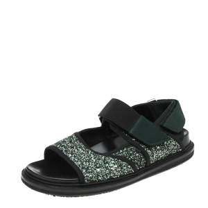 Pre Owned Marni Green Glitter And Fabric Velcro Strap Flat Sandals Size 37
