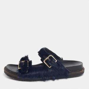 Pre Owned Marni Navy Blue Fur Fussbett Slip-On Flat Sandals Size 39