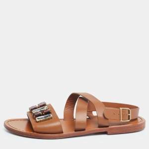 Marni Tan Leather Jewel Embellished Flat Sandals Size 41