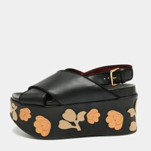 Pre Owned Marni Black Leather Cross Strap Floral Platform Sandals Size 40