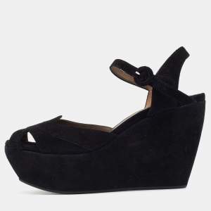 Pre Owned Marni Black Suede Ankle Strap Platform Wedge Sandals Size 38
