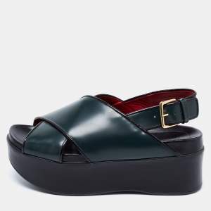 Pre Owned Marni Dark Green Leather Cross Strap Slingback Platform Sandals Size 37
