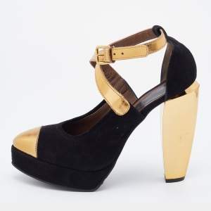 Marni Black/Gold Suede and Leather Platforms Ankle Strap Pumps Size 39