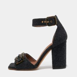 Marni Dark Grey Felt Crystal Embellished Ankle Strap Sandals Size 38