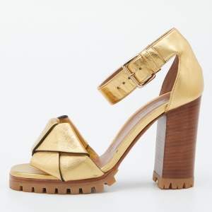 Marni Gold Leather Ankle-Strap Block Heel Sandals Size 38