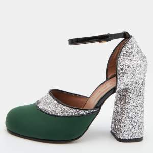 Marni Green/Silver Glitter,Neoprene and Patent Leather Ankle Strap Block Heel Sandals Size 39