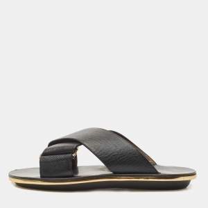 Marni Black Textured Leather Cross Strap Flat Slides Size 39