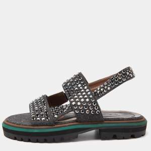 Marni Grey/Brown Leather and Wool Crystals Embellished Flat Sandals Size 40