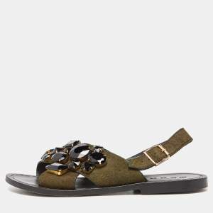 Marni Green Leather and Calfhair Embellished Flat Sandals Size 38