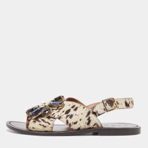 Marni White/Brown Animal Print Calf Hair Crystal Embellished Flat Sandals Size 39