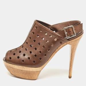 Marni Brown Laser Cut Leather Open Toe Wooden Platform Slingback Sandals Size 37