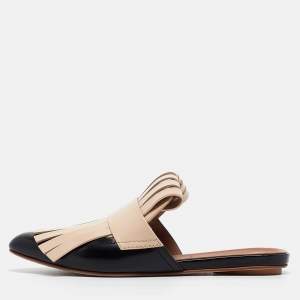 Marni Beige/Black Leather Fringe Flat Mules Size 37