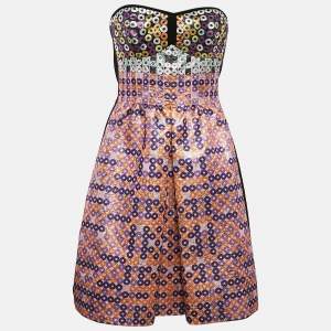 Mary Katrantzou Pink Sequin Print Spiro Jacquard Strapless Mini Dress M