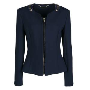 Matthew Williamson Navy Blue Embellished Neck Detail Zip Front Jacket M