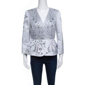 Matthew Williamson Grey Floral Printed Tulle Layered Box Jacket M