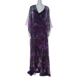 Matthew Williamson Purple Printed Silk Long Folded Hemline Kaftan Dress M