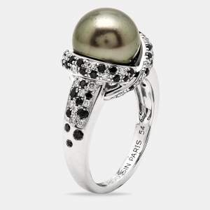 Mauboussin Perle Caviar Mon Amour Cultured Pearl Diamond 18K White Gold Cocktail Ring Size 54