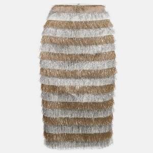 Max Mara Gold/Silver Metallic Fringed Crepe Gavetta Skirt S
