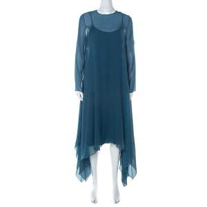 Max Mara Pianoforte Teal Blue Silk Handkerchief Hem Dress M
