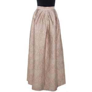 Max Mara Cream Lurex Floral Pattern Jacquard Long Skirt L