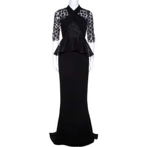 Pre Owned Max Mara Black Crepe Lace Trim Peplum Maxi Dress S