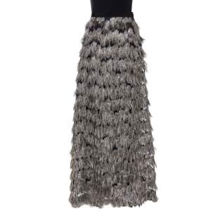Max Mara Grey Metallic Jacquard Tinsel Fringed Maxi Skirt M