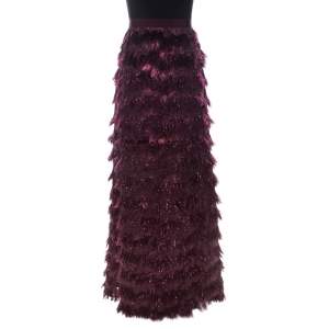 Max Mara Burgundy Metallic Jacquard Tinsel Fringed Maxi Skirt M