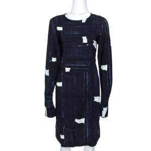 Pre Owned Max Mara Navy Blue Abstract Printed Crepe Shift Dress M