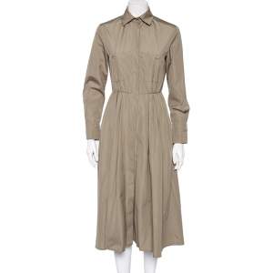 Max Mara Khaki Brown Cotton Button Front Pleated Shirt Dress S