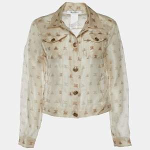 Pre Owned Max Mara Beige Silk Organza Logo Print Sheer Jacket M