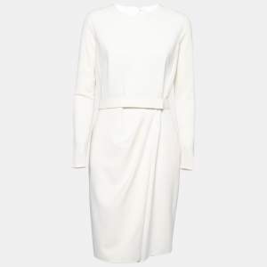 Max Mara Cream Wool Pleat Detailed Belted Shift Dress L