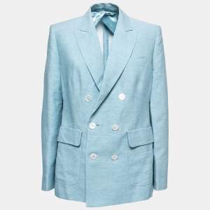 Pre Owned Max Mara Blue Linen & Silk Ottuso Double Breasted Blazer L