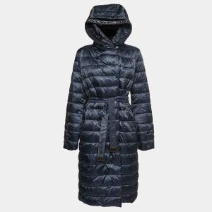 Max Mara The Cube Midnight Blue Quilted Synthetic Belted Hooded Coat M