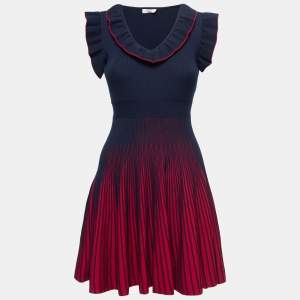 Max Mara Shine Navy Blue & Red Knit Ruffled Flared Dress M