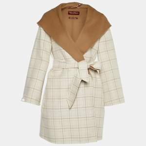 Max Mara Studio Cream Checked Wool Open Front Hooded Belted Coat S