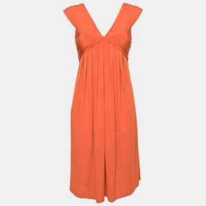 Max Mara Studio Orange Jersey Pleated Detail Sleeveless Midi Dress S
