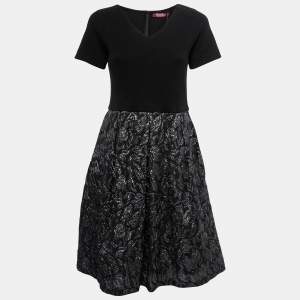 Max Mara Studio Black Wool & Floral Jacquard Short Sleeve Dress L