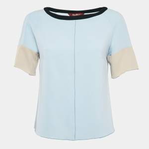 Max Mara Studio Blue Contrast Trim Crepe Short Sleeve Blouse M