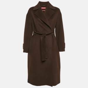 Max Mara Studio Brown Virgin Wool and Cashmere Open Front Belted Long Coat S