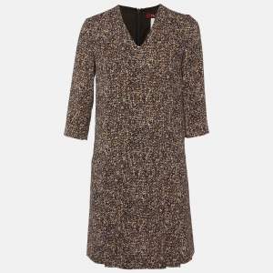 Max Mara Studio Brown Printed Crepe V-Neck Dress S