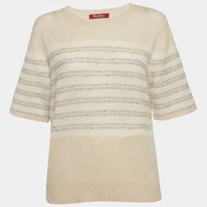 مملوكة مسبقًا Max Mara Studio Beige Sequin Striped Wool Knit Top XL