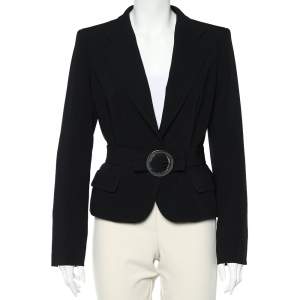 Max Mara Black Striped Crepe Belted Button Front Blazer M
