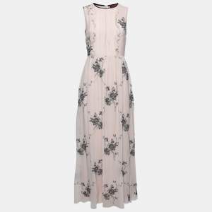 Max Mara Studio Pink Silk Floral Embroidered Ruffle Trimmed Dress S