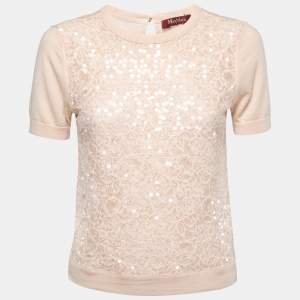 Max Mara Studio Pale Pink Lace Sequined Paneled Top S