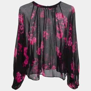 Max Mara Studio Black Floral Printed Silk Top S