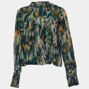 Max Mara Studio Multicolor Printed Silk Neck Tie Detail Top M