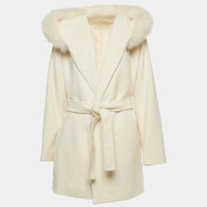 Max Mara Studio  Ivory White Hooded Belted Coat L