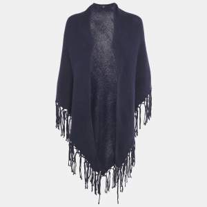 Pre Owned Max Mara Navy Blue Wool Knit Fringed Triangular Shawl 
